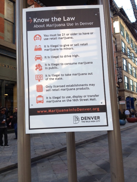 The new signs on the 16th Street Mall tell the don'ts of marijuana use in Denver. Photo by Kieran Nicholson, The Denver Post