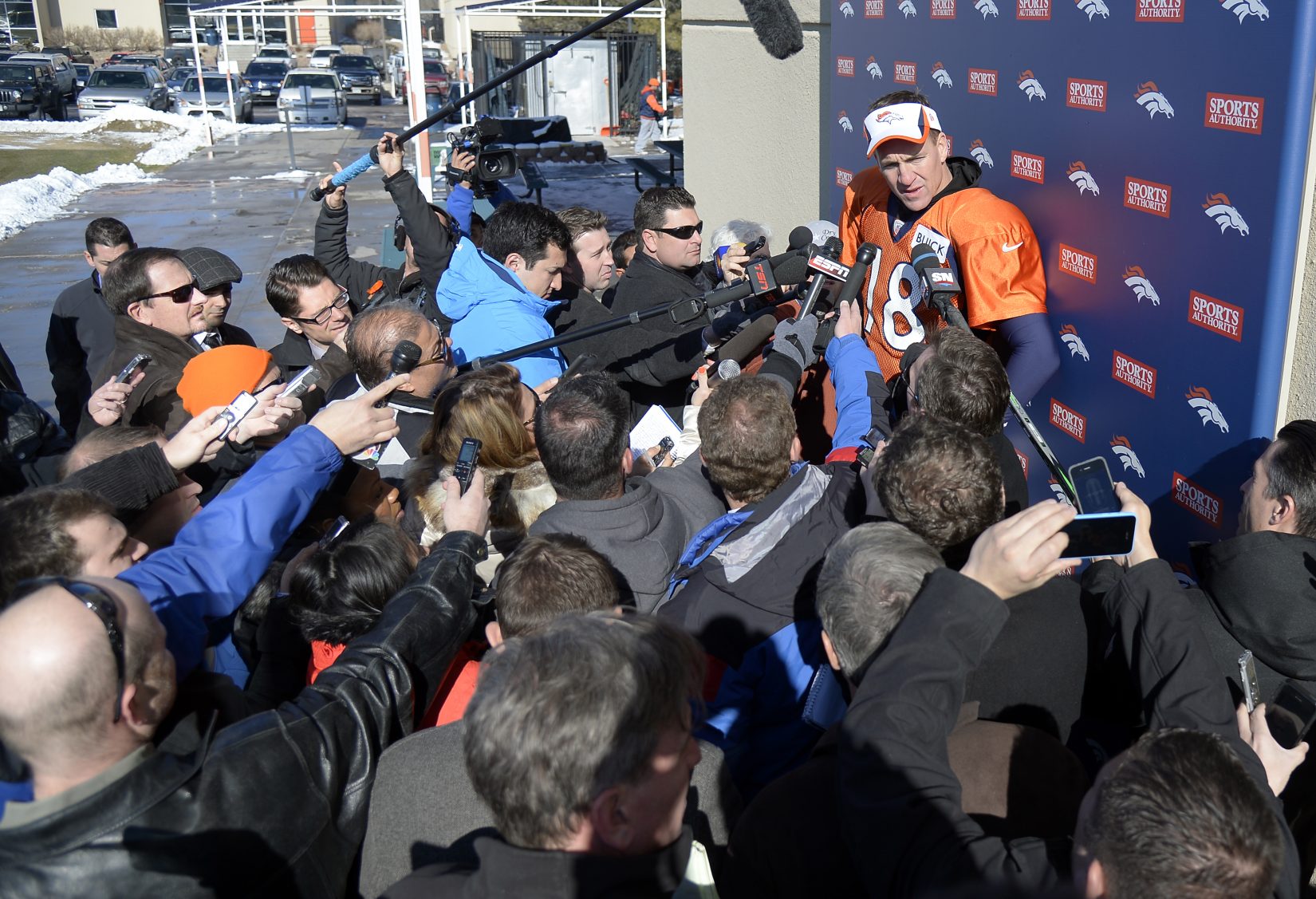 Denver Broncos quarterback Peyton Manning meets with the media after practice on Jan. 23 at Dove Valley.