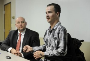 Brandon Coats, a quadriplegic medical-marijuana patient, along with his attorney, Michael Evans, talks about Coats' case in April of 2013.
