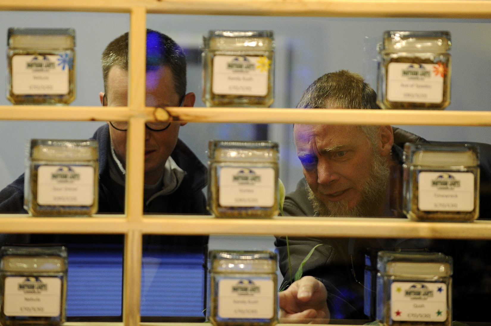 Greg Nidy, left, Dan Briley, right, at Northern Lights Cannabis Co in Edgewater, Colorado on January 1, 2014. (Photo by Seth McConnell/The Denver Post)
