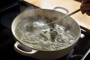 Cannabutter mix simmering in pot