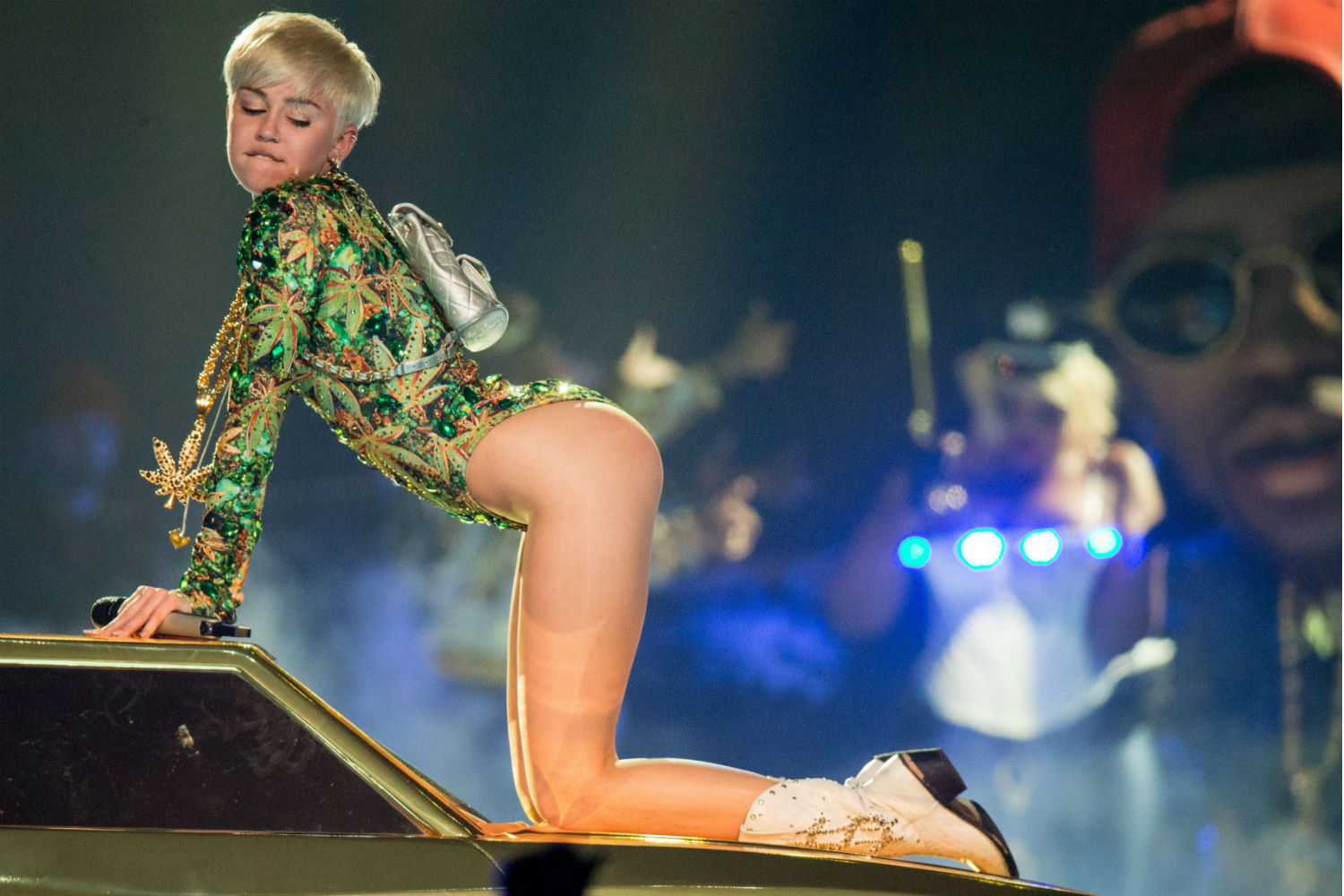 Miley Cyrus loves her sparkly marijuana leotard. (Photo by Christopher Polk/Getty Images)