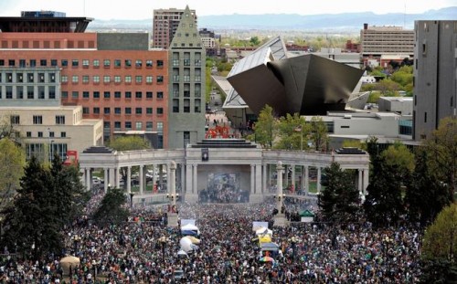 A cloud of smoke rises  above the crowd at the annual 4/20 rally in Civic Center Park on  April 20, 2012. (Daniel Petty, Denver Post file)