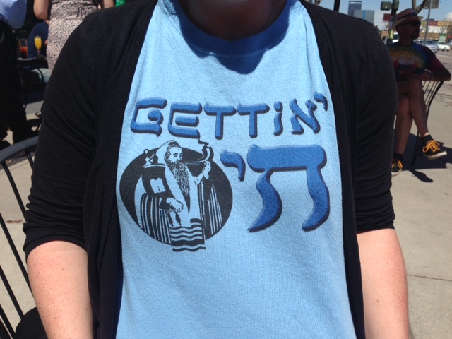 Those who read Hebrew understand that this T-shirt -- by far the coolest at the Wake-N-Bacon brunch on 4/20 at Sugar Bakeshop -- reads "Gettin' Chai." (Ricardo Baca, The Cannabist)