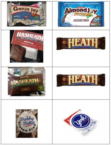 A lawsuit filed by The Hershey Co. shows comparisons of its products (right column) and marijuana edibles manufactured by TinctureBelle, a Colorado marijuana-infused product manufacturer. (U.S. District Court)