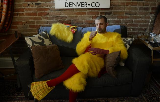Kayvan Khalatbari has been known to don a chicken suit and mock Gov. John Hickenlooper for promoting beer but not marijuana. (Cyrus McCrimmon, The Denver Post)