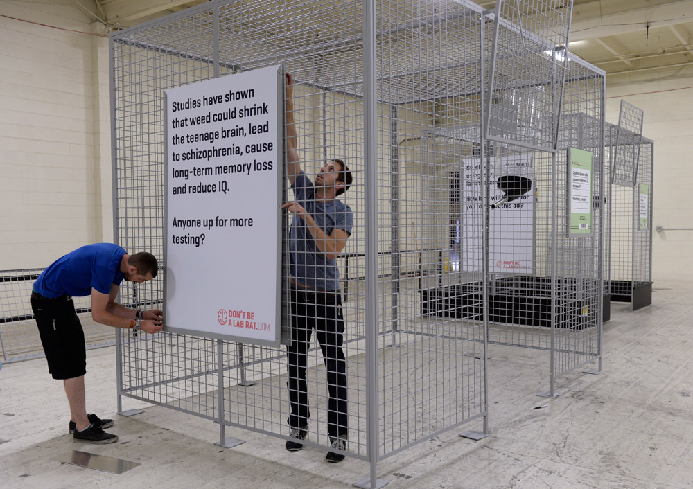 Crew members assemble the oversized rat cages central to Colorado Governor John Hickenlooper's Don't Be a Lab Rat campaign. (Kathryn Scott Osler, The Denver Post)