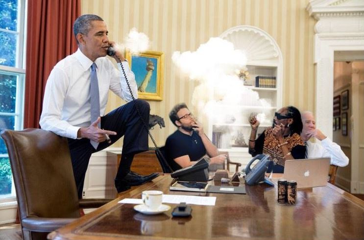 Seth Rogen tweeted this doctored photo of he and Snoop Dogg blazing in the Oval Office as President Barack Obama takes care of business. (twitter.com/Sethrogen)