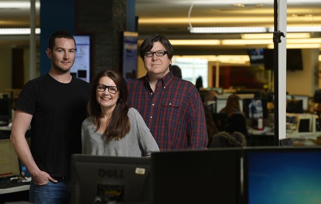 "Rolling Papers" premiered March 15 at SXSW in Austin, Texas. From left, director Mitch Dickman, producer Britta Erickson and The Denver Post's marijuana editor, Ricardo Baca, in The Denver Post newsroom. (Cyrus McCrimmon, The Denver Post )