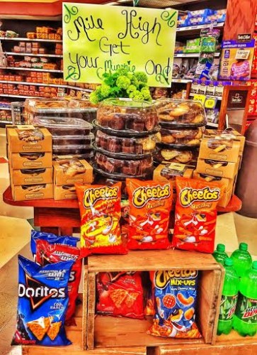 This Kroger-brand King Soopers grocery store in Boulder, Colo., celebrated 4/20 in 2015 with a festive, green-themed display of munchies. (Joel Davis, Special to The Cannabist)