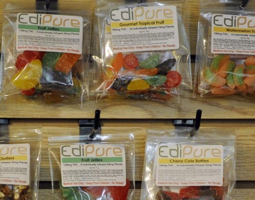 Marijuana edibles are displayed at a marijuana shop in Denver. (Anya Semenoff, Denver Post file)