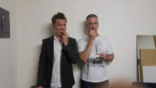 From left to right, Cannabist columnist Josiah Hesse and Savage Love hero Dan Savage eat cannabis-infused edibles before sitting down for an interview. (Josiah Hesse)