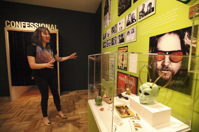 Associate Curator of Natural Sciences Sarah Seiter talks about some of the displays of the new exhibit "Altered State: Marijuana in California," the first-ever museum exhibition on cannabis in California at the Oakland Museum of California. (Laura A. Oda, Bay Area News Group)