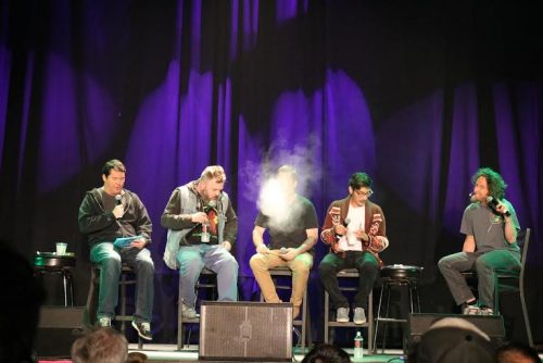 At a recent taping of "Getting Doug With High" at the Oriental Theatre in Denver on May 9, comedian and host Doug Benson, left, chats with guests, from left to right, Geoff Tate, Todd Glass, Kassem G and Josh Blue. (Courtesy of Steven Chang)