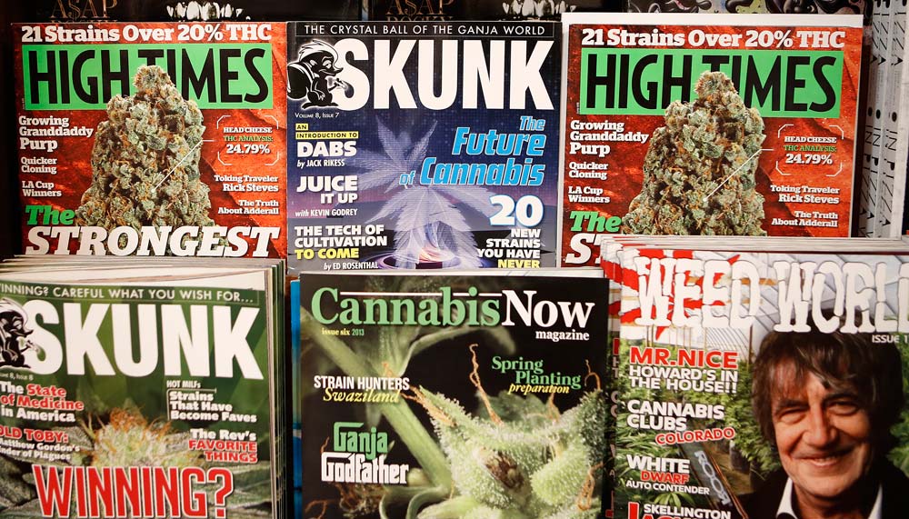 Marijuana magazines on display at the Tattered Cover bookstore in Colorado