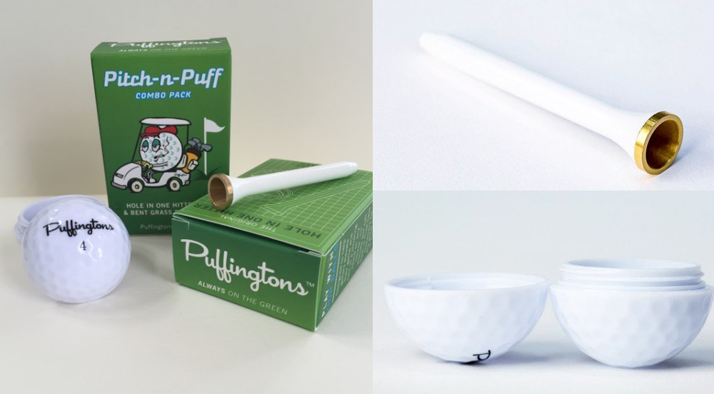 Puffingtons product: one-hitter golf tee and golfball container