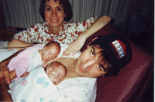 Mark Zartler, with Christy, Keeley and Kara. The twins were born 26 weeks early. (Courtesy of Mark Zartler)