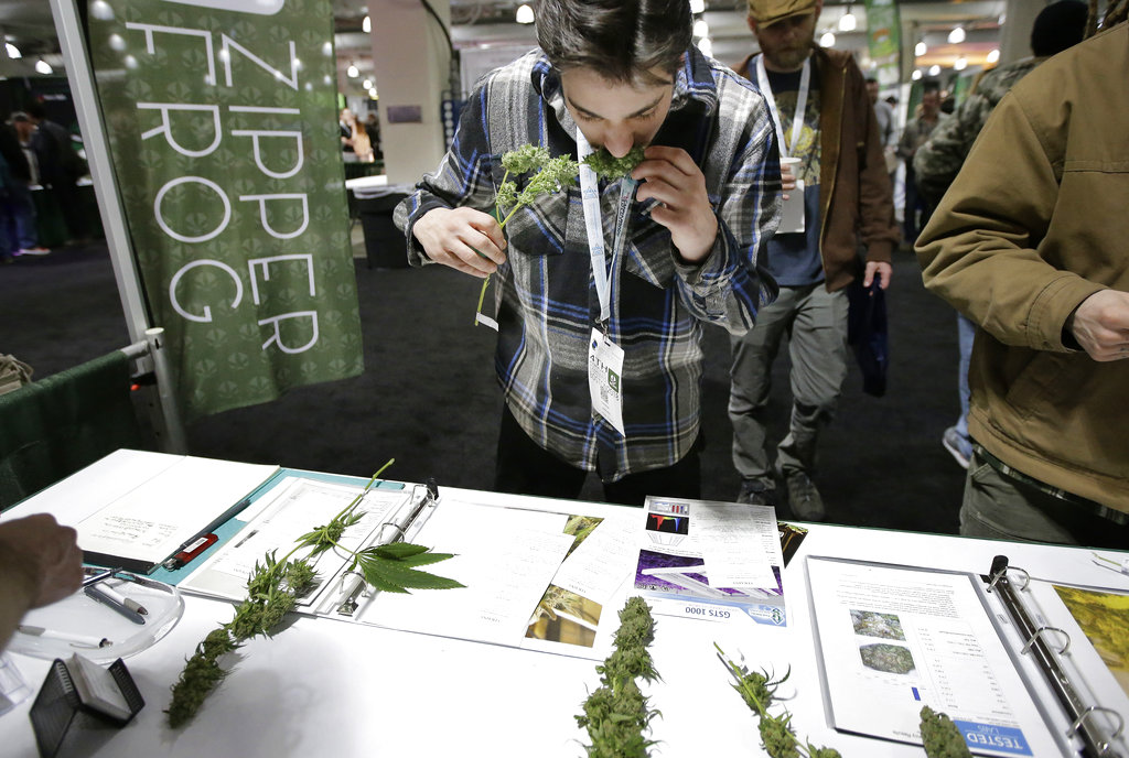 A woman smells a marijuana sample at the New England Cannabis Convention, Sunday, March 25, 2018, in Boston. Exhibitors and experts attended the convention to discuss the country's burgeoning marijuana industry. (AP Photo/Steven Senne)