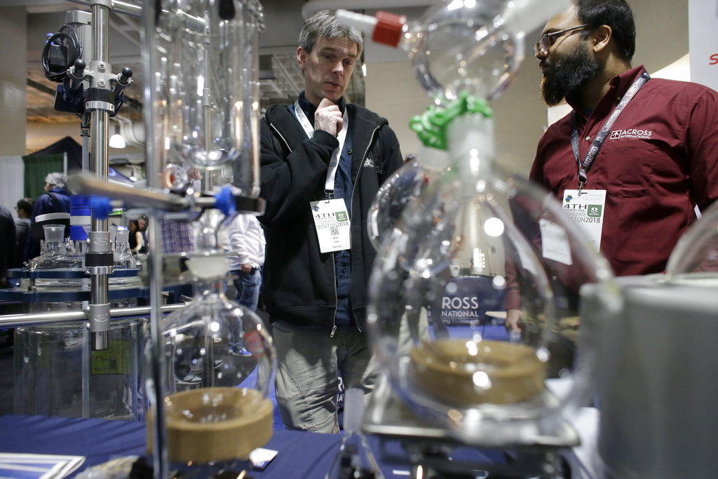 Distillation tubes, New England Cannabis Convention, Sunday, March 25, 2018, in Boston.